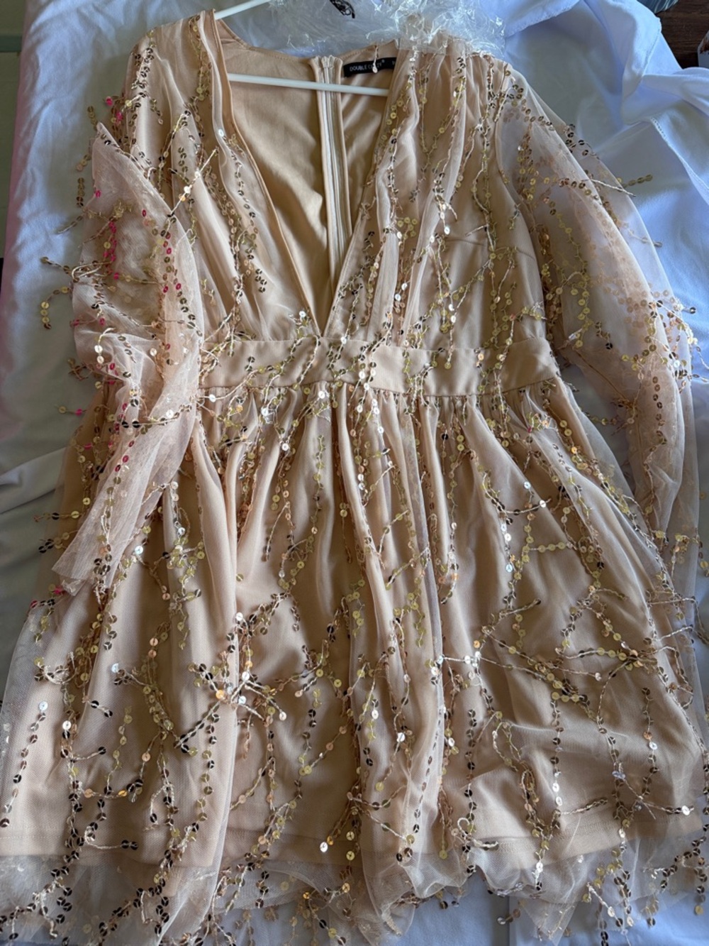Nude Sequin Embellished V-Neck Dress
